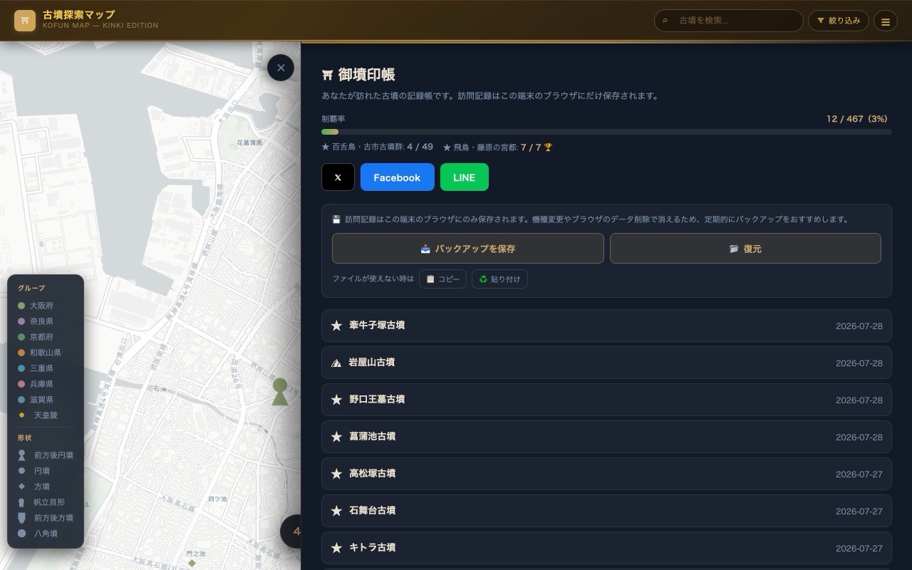 御墳印帳: 訪問記録と世界遺産コンプリート進捗（飛鳥・藤原7/7達成）